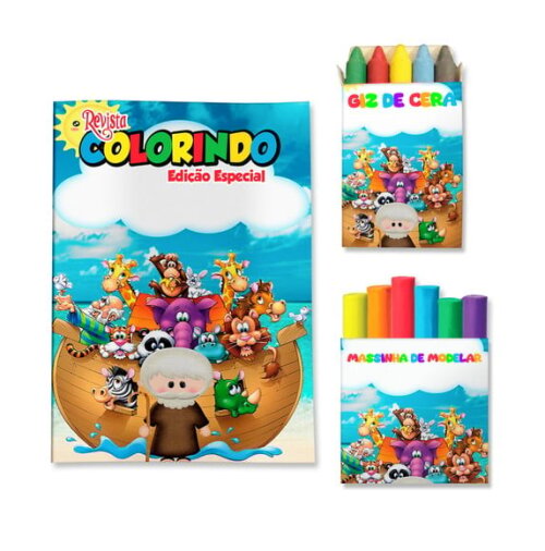 Kit Colorir com Giz e Massinha Arca de Noé | Lembrancinha Festa Infantil