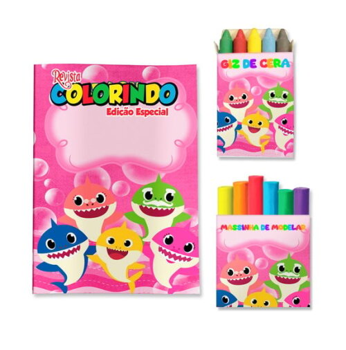 Kit Colorir com Giz e Massinha Baby Shark | Lembrancinha Festa Infantil
