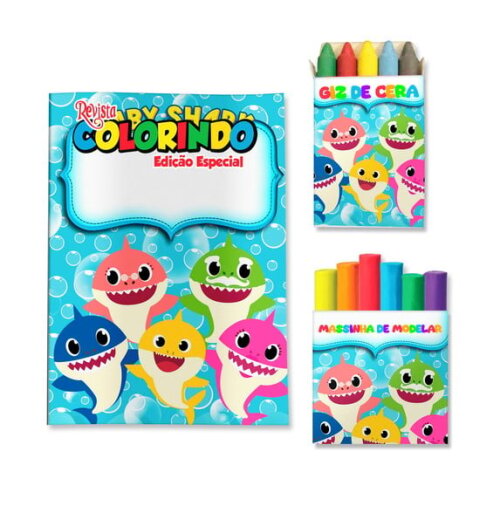 Kit Colorir com Giz e Massinha Baby Shark | Lembrancinha Festa Infantil