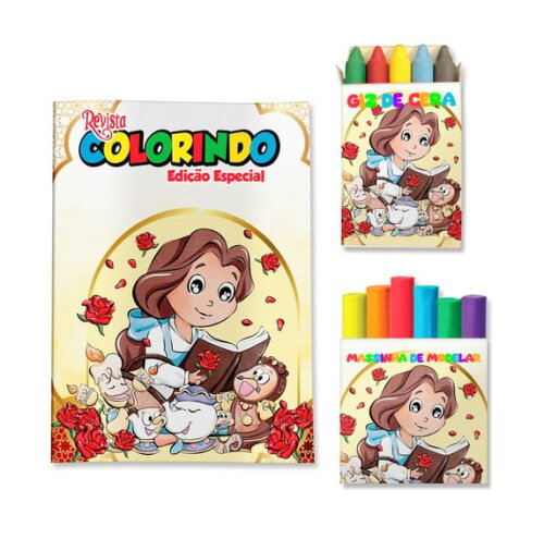 Kit Colorir com Giz e Massinha Bela e a Fera | Lembrancinha Festa Infantil
