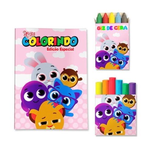 Kit Colorir com Giz e Massinha Bolofofos Rosa | Lembrancinha Festa Infantil