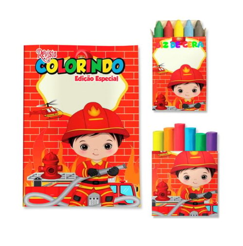 Kit Colorir com Giz e Massinha Bombeiro | Lembrancinha Festa Infantil