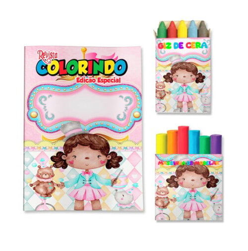 Kit Colorir com Giz e Massinha Circo Menina Negra Rosa | Lembrancinha Festa Infantil
