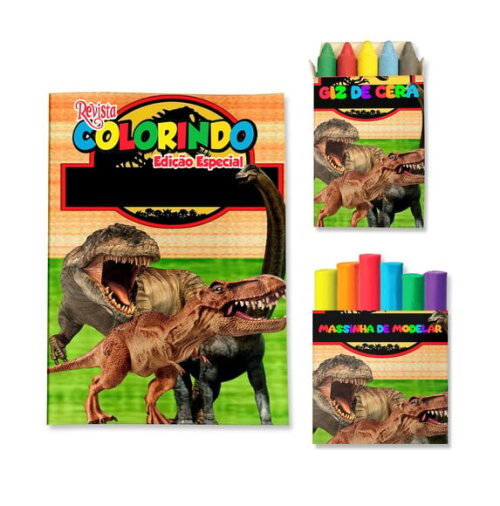 Kit Colorir com Giz e Massinha Dinossauro | Lembrancinha Festa Infantil