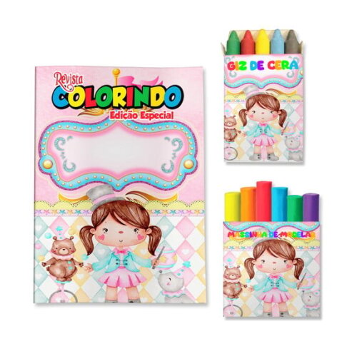Kit Colorir com Giz e Massinha Circo Menina Rosa | Lembrancinha Festa Infantil