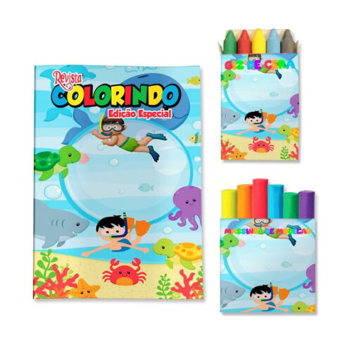 Kit Colorir com Giz e Massinha Fundo do Mar | Lembrancinha Festa Infantil