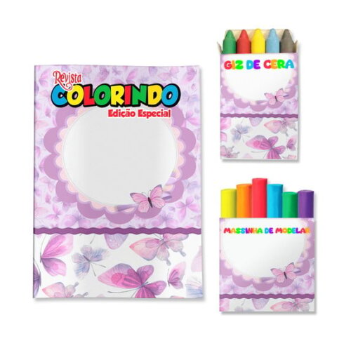 Kit Colorir com Giz e Massinha Jardim de Borboletas Lilás | Lembrancinha Festa Infantil
