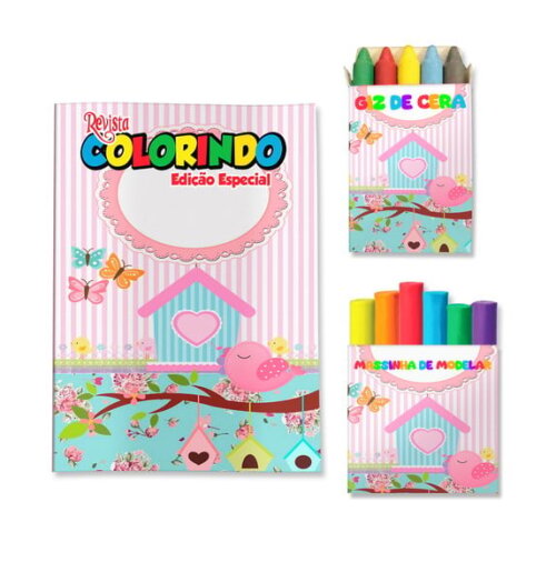 Kit Colorir com Giz e Massinha Jardim de Pássaros Rosa e Azul | Lembrancinha Festa Infantil