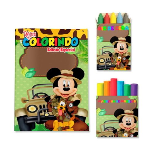 Kit Colorir com Giz e Massinha Mickey Safari | Lembrancinha Festa Infantil