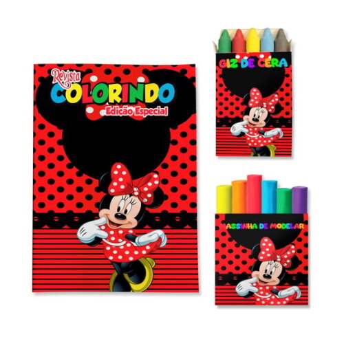 Kit Colorir com Giz e Massinha Minnie Vermelha | Lembrancinha Festa Infantil