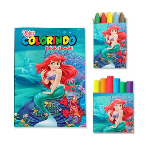 Kit Colorir com Giz e Massinha Pequena Sereia Ariel | Lembrancinha Festa Infantil