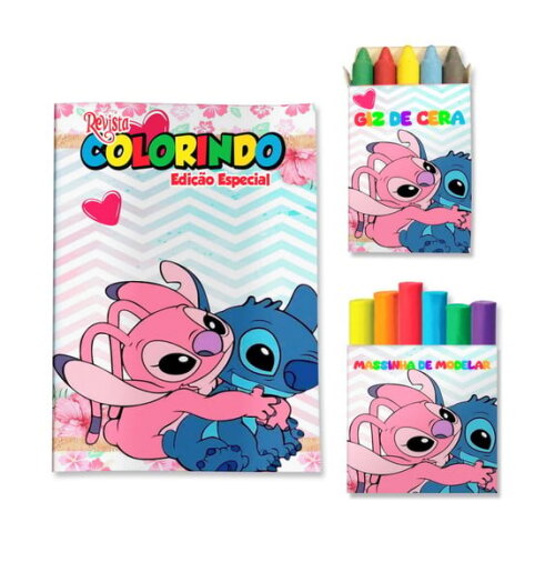 Kit Colorir com Giz e Massinha Stitch e Angel | Lembrancinha Festa Infantil