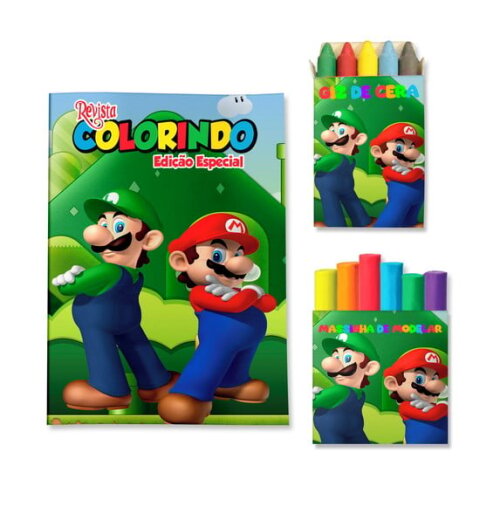 Kit Colorir com Giz e Massinha Super Mario | Lembrancinha Festa Infantil