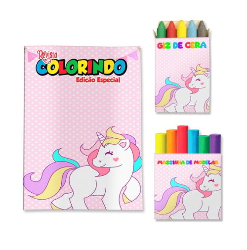 Kit Colorir com Giz e Massinha Unicórnio | Lembrancinha Festa Infantil