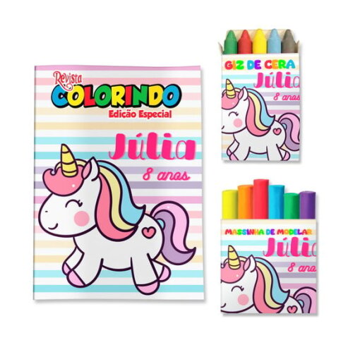 Kit Colorir com Giz e Massinha Unicórnio | Lembrancinha Festa Infantil
