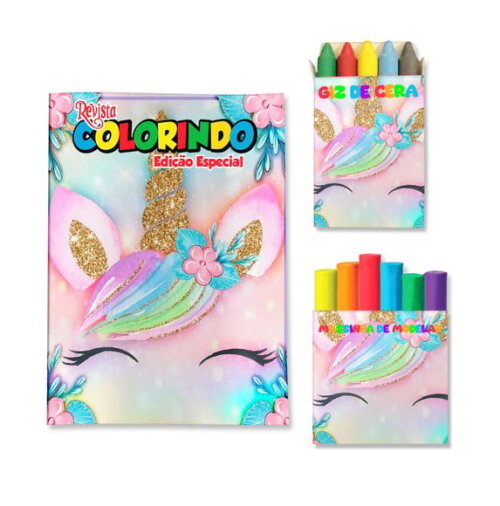 Kit Colorir com Giz e Massinha Unicórnio | Lembrancinha Festa Infantil