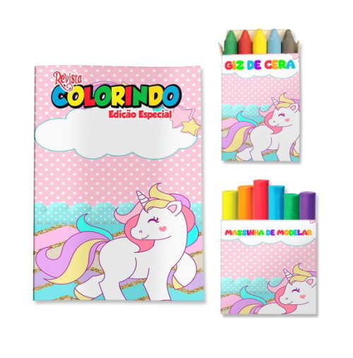 Kit Colorir com Giz e Massinha Unicórnio | Lembrancinha Festa Infantil