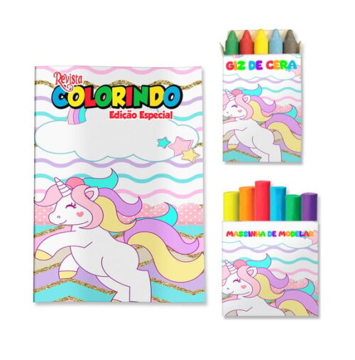Kit Colorir com Giz e Massinha Unicórnio | Lembrancinha Festa Infantil