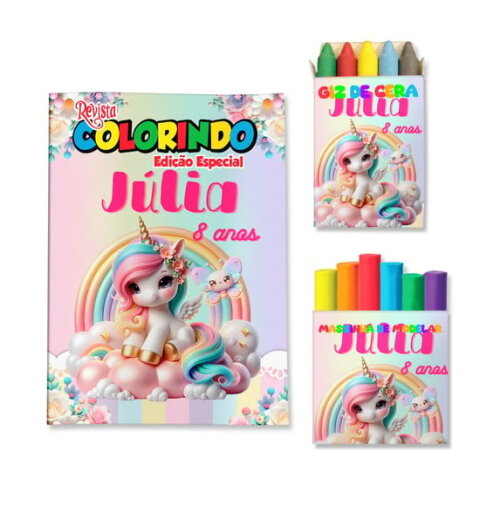 Kit Colorir com Giz e Massinha Unicórnio | Lembrancinha Festa Infantil