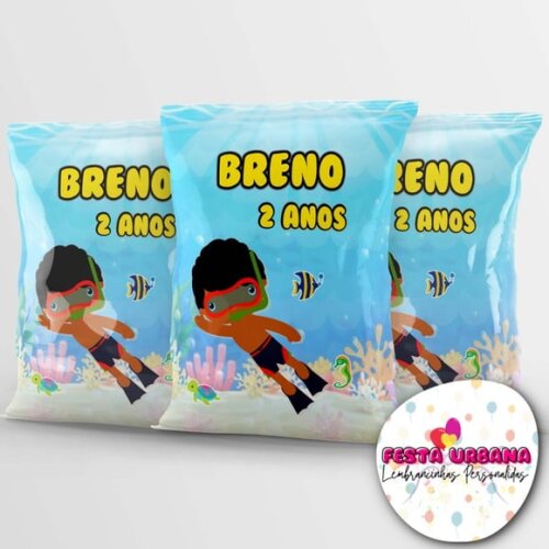 Saquinho para Salgadinho Personalizado Fundo do Mar Menino Negro Personalizado | Festa Infantil
