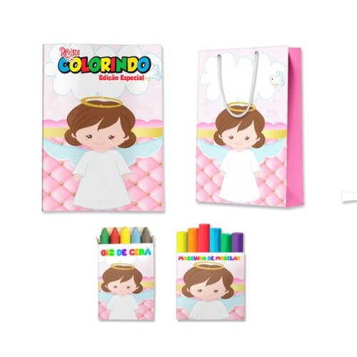 Kit Colorir com Massinha e Sacola Batizado Rosa Menina Anjo | Lembrancinha Festa Infantil