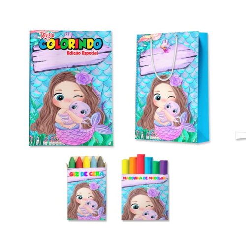Kit Colorir com Massinha e Sacola Sereia Cute Baby | Lembrancinha Festa Infantil