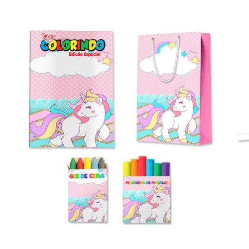 Kit Colorir com Massinha e Sacola Unicórnio | Lembrancinha Festa Infantil