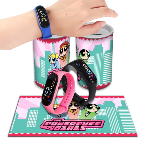 Kit Relógio e Cofrinho Personalizado Meninas Super Poderosas | Lembrancinha Infantil
