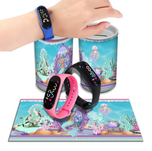 Kit Relógio e Cofrinho Personalizado Pequena Sereia Lilás | Lembrancinha Infantil