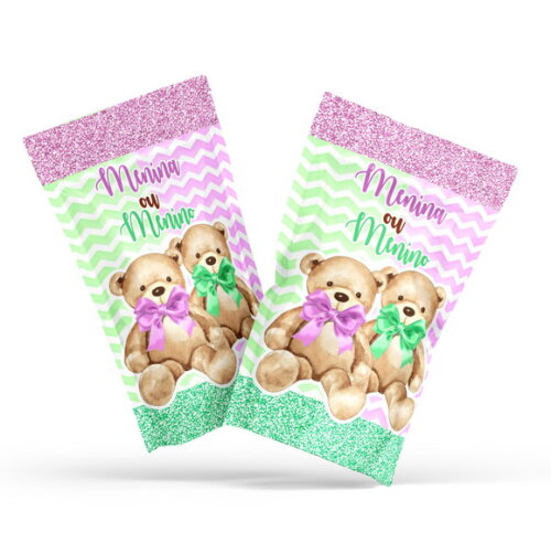 Saquinho Metalizado Personalizado Saquinho Zip Lock Chá Revelação Ursinhos Lilás | G 12 X20 cm | Lembrancinha Infantil