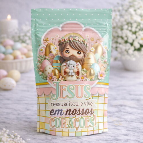 Saquinho Metalizado Personalizado Saquinho Zip Metalizado Páscoa Cristã | G 12 X20 cm | Lembrancinha Infantil