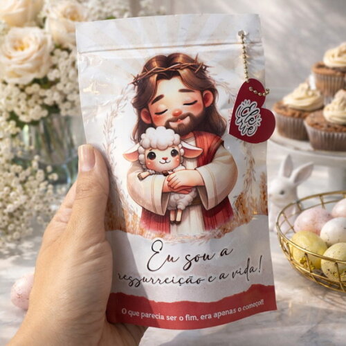 Saquinho Metalizado Personalizado Saquinho Zip Metalizado Páscoa Cristã | G 12 X20 cm | Lembrancinha Infantil