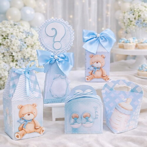 Kit 40 Caixinhas Personalizadas Chá de Bebê Ursinho Azul | Lembrancinha Festa Infantil