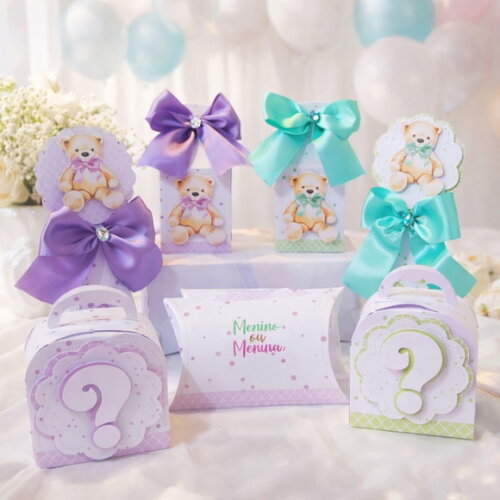 Kit 40 Caixinhas Personalizadas Chá Reveleção Ursinhos Verde e Lilás | Lembrancinha Festa Infantil