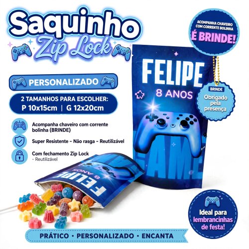 Saquinho Metalizado Personalizado Game Menino | Lembrancinha Festa Infantil