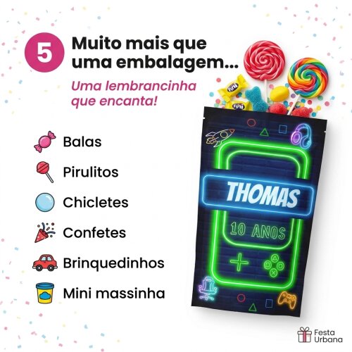 Saquinho Metalizado Personalizado  Game Colorido| Lembrancinha