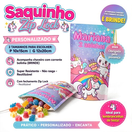Saquinho Metalizado Personalizado Unicórnio kawaii| Lembrancinha Festa Infantil