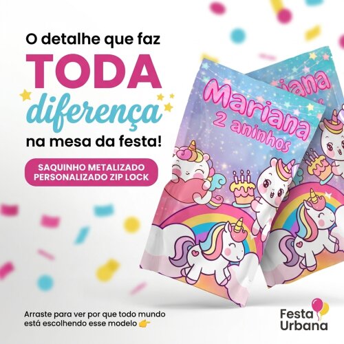 Saquinho Metalizado Personalizado Unicórnio kawaii| Lembrancinha