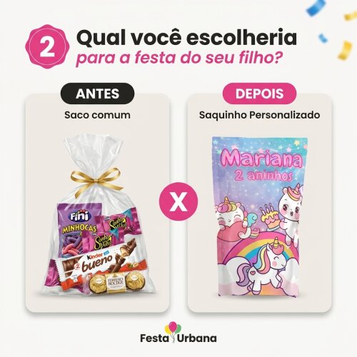Saquinho Metalizado Personalizado Unicórnio kawaii| Lembrancinha