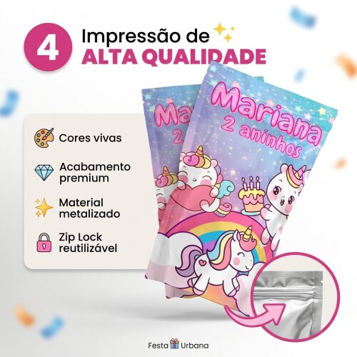 Saquinho Metalizado Personalizado Unicórnio kawaii| Lembrancinha