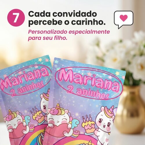 Saquinho Metalizado Personalizado Unicórnio kawaii| Lembrancinha