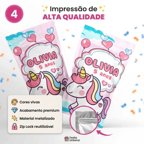 Saquinho Metalizado Personalizado Unicórnio Aquarela