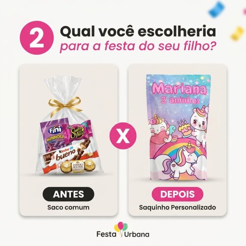 Saquinho Metalizado Personalizado Unicórnio Cartoon
