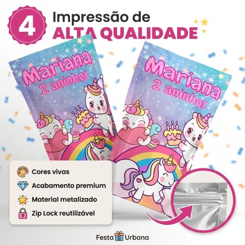 Saquinho Metalizado Personalizado Unicórnio Cartoon