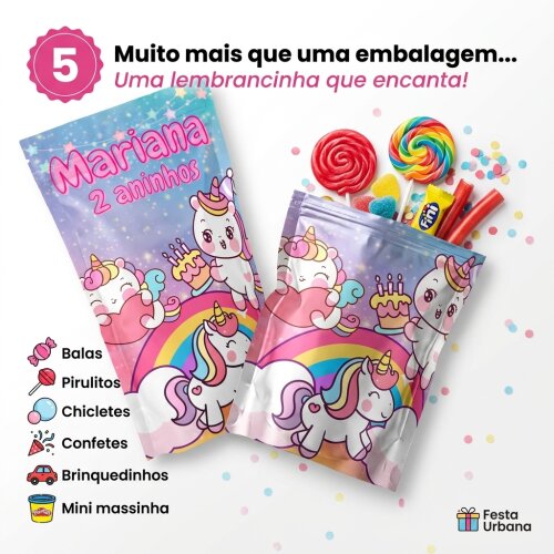 Saquinho Metalizado Personalizado Unicórnio Cartoon