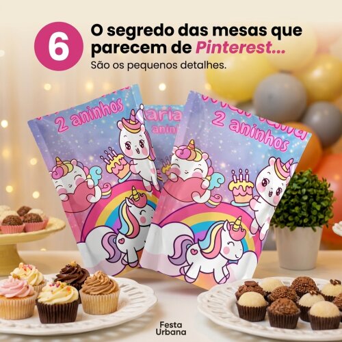 Saquinho Metalizado Personalizado Unicórnio Cartoon
