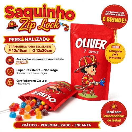Saquinho Metalizado Personalizado Bombeiro| Lembrancinha Festa Infantil