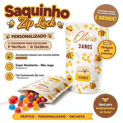 Saquinho Metalizado Personalizado abelhinha| Lembrancinha Festa Infantil