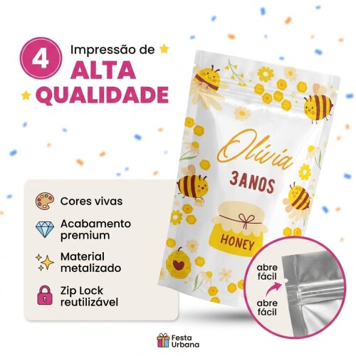 Saquinho Metalizado Personalizado abelhinha| Lembrancinha Festa