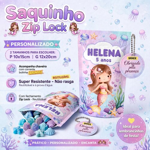 Saquinho Metalizado Personalizado Sereia| Lembrancinha Festa Infantil